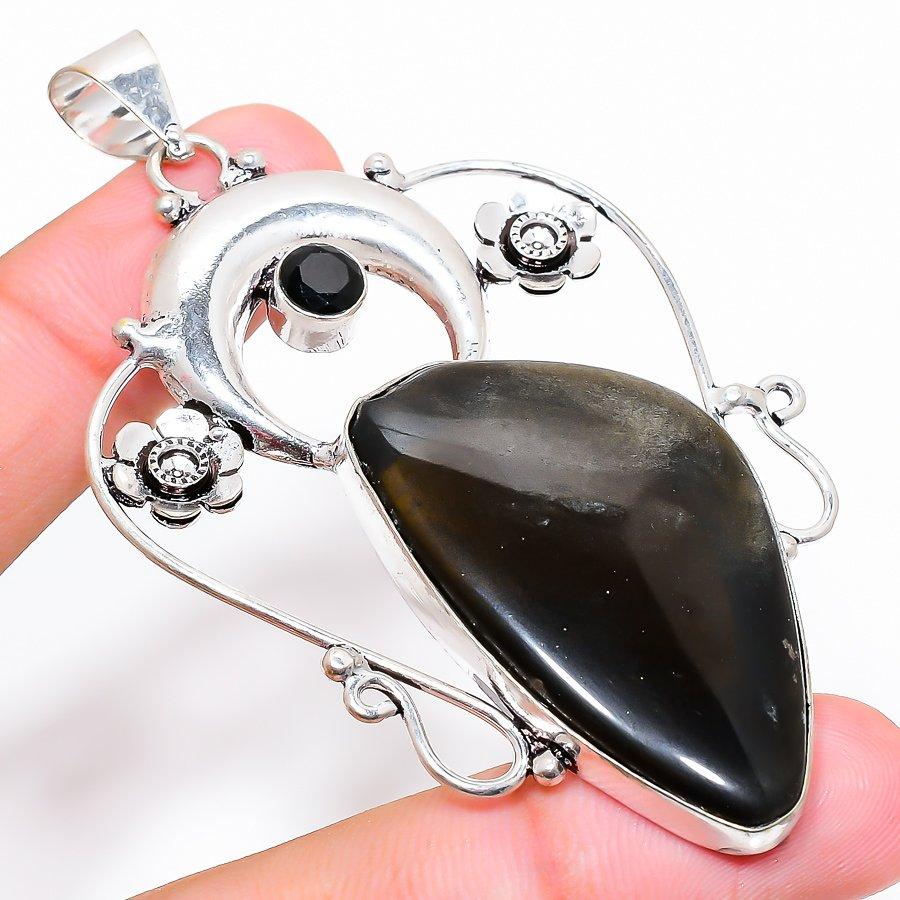 

Sunsheen Obsidian, Spinel Gemstone Handmade Ethnic Jewelry Pendant 3.03 SR-1874