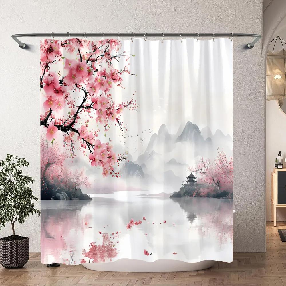 Japanese Cherry Blossom Watercolour Print Shower Curtain Koi Waves Chinese Ink Painting Polyester Shower Curtains Bathroom Decor