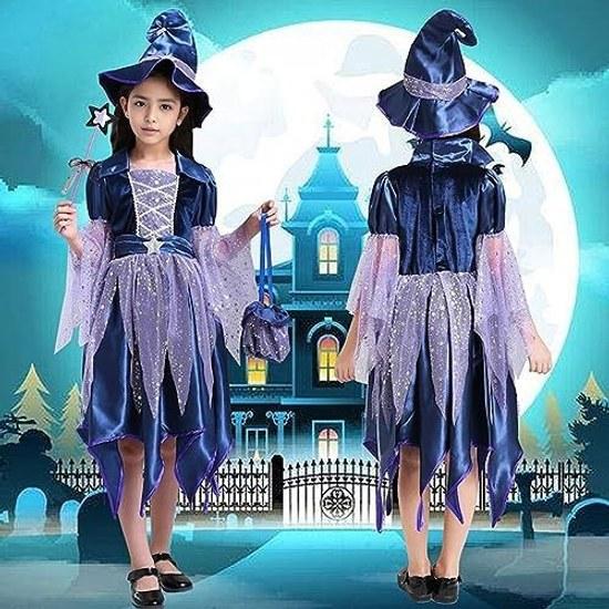 Halloween Costume Children Girls Witch Dress Tulle One-piece Hat Cute Kids Cosplay Magician Outfit Devil Shrine Maiden Ghost Pumpkin Spirit Fairy