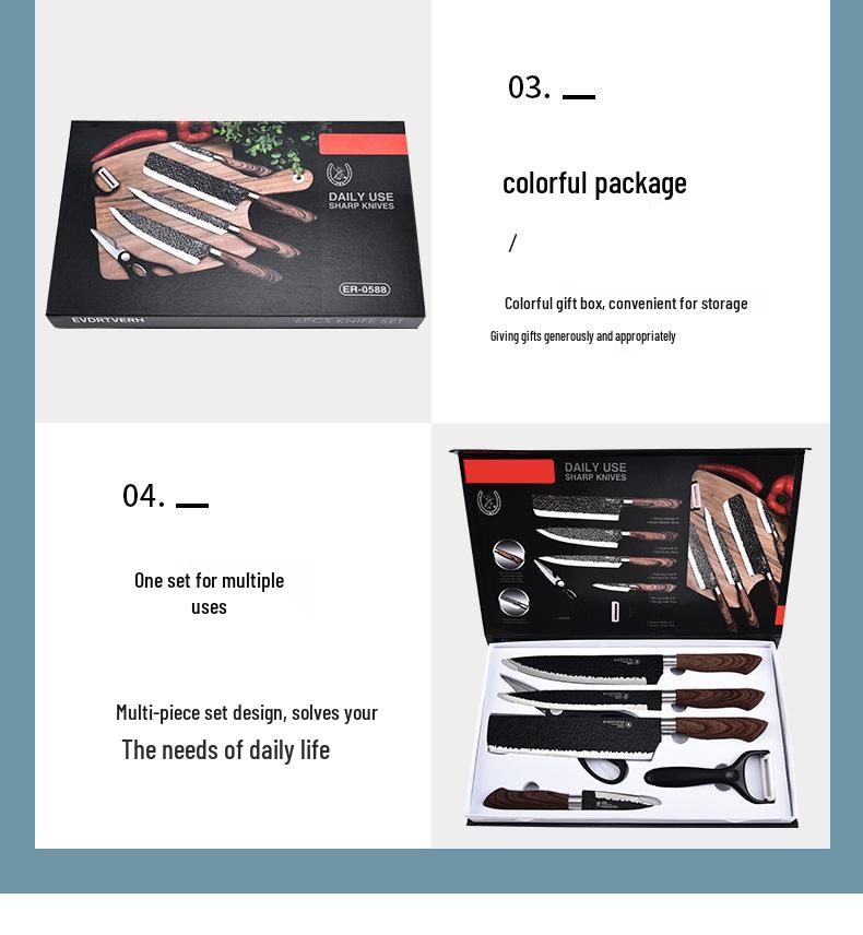 Hammered Stainless Steel Forged Cutlery Set with Sheathed Handles, Six Pieces