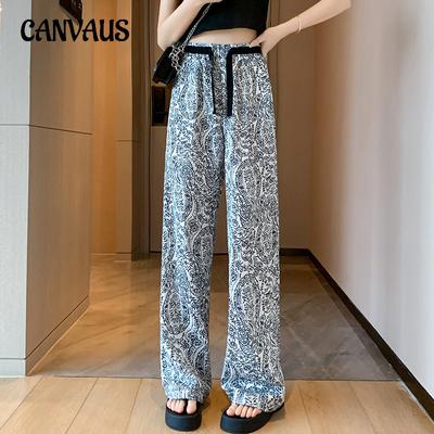 Women's Plus Size Straight Thin Section Pant Summer Ethnic Style Loose Draping Printed Wide-legged Trousers Tide