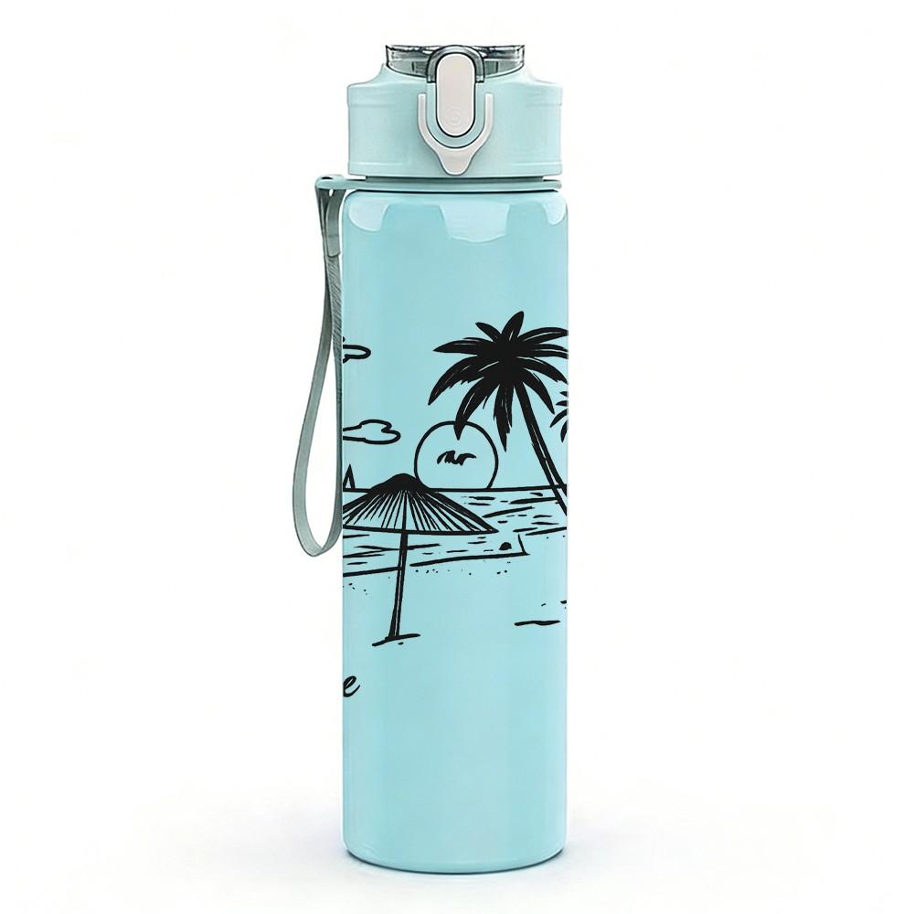 1PC Palm Tree Beach Sketch Art 750ml Color Plastic Sports Water Bottle Leakproof Flip Straw Lid Suitable for Sports Office Home Use