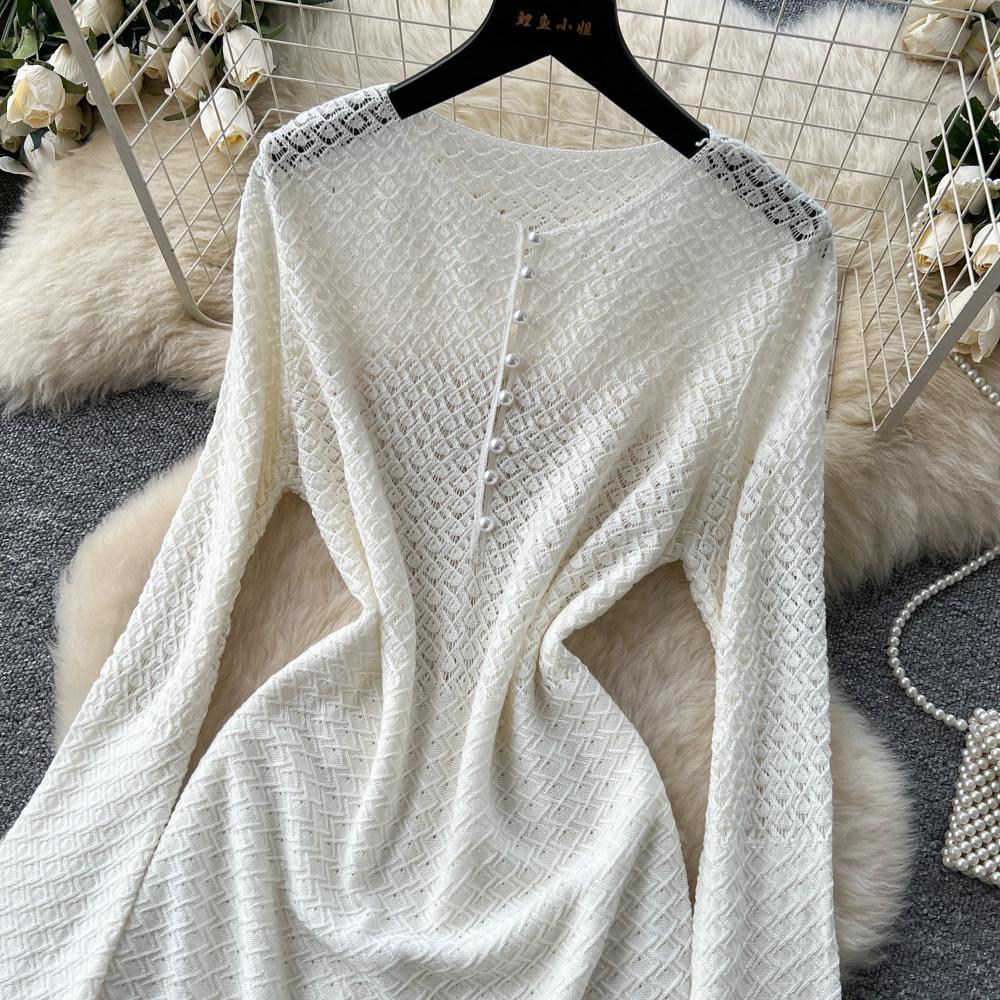 Hollow knitted crew neck dress women's spring and summer wear long sleeves waist A-shaped skirt commuting thin gentle wind