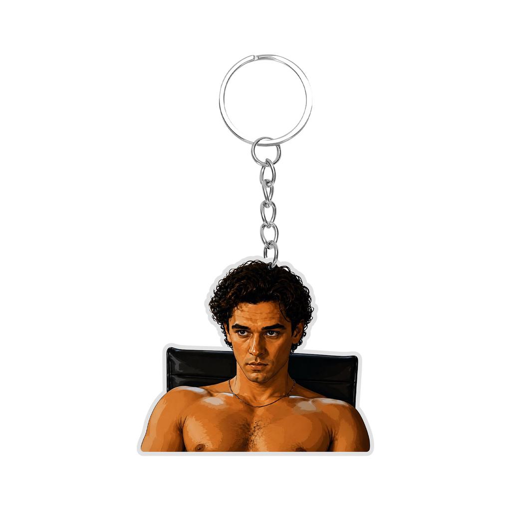 Acrylic Keychain Featuring Four Ice Hockey Players Standing Side by Side Wearing Numbered Jerseys with Attached Metal Key Ring for Easy Carrying
