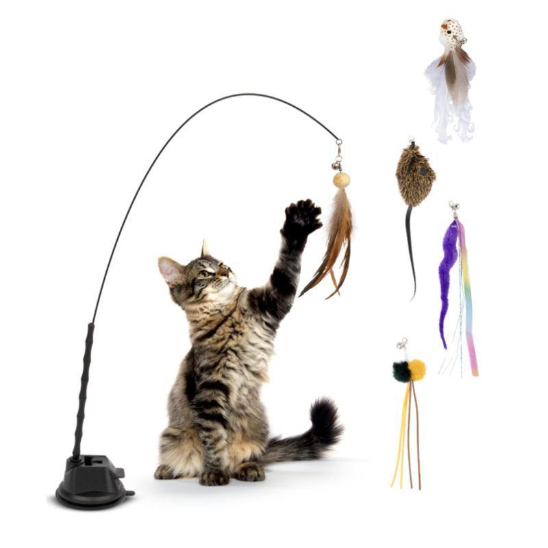 Cat toys - 7-piece set including a cat fishing rod, suction cup, and feathers