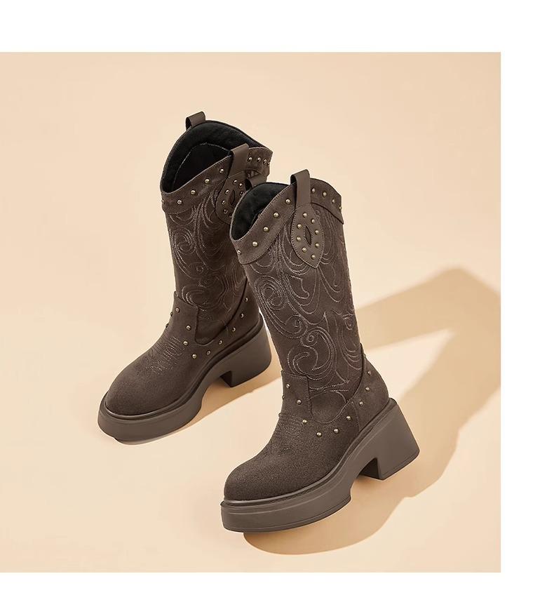 Retro pointed women s boots thick heel sleeve knight boots 2025 autumn new embroidered mid boots western cowboy boots 35 6565₽