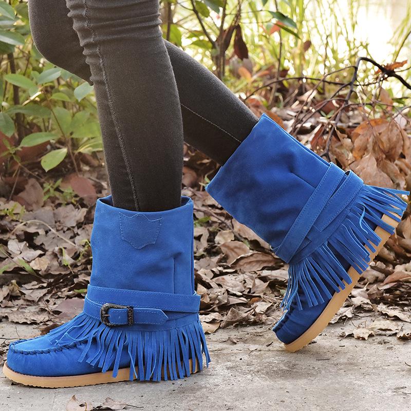 2022 Herbst Winter Europäisch Amerikanisch Übergröße Quaste Wadenmitte Flach Damen Lederstiefel