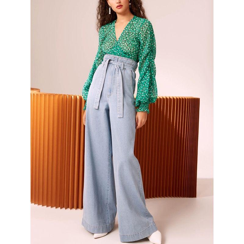 French Floral Chiffon Shirt for Women Niche Style Retro 2025 Summer Sun Protection Shirt V-neck Lace-up Green Long-Sleeved Tops