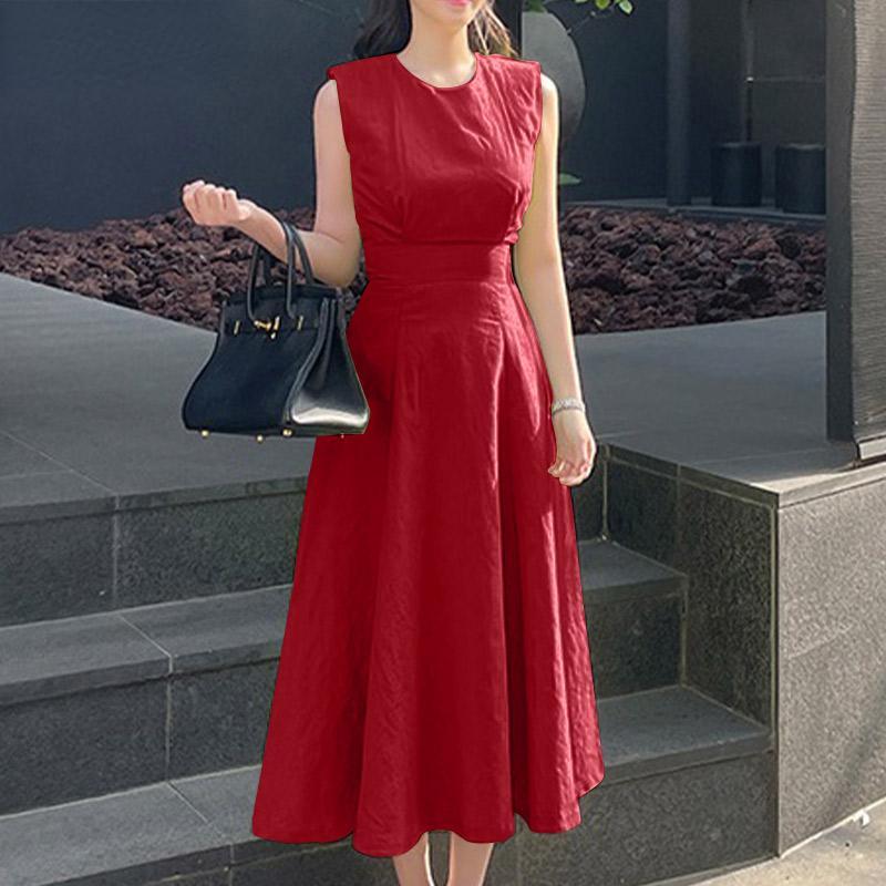 

Летнее повседневное женское длинное платье без рукавов с круглым вырезом