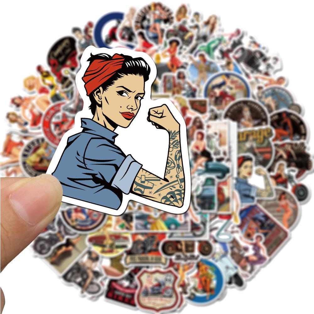 100 Motorcycle Retro Girl Doodle Stickers Mobile Phone Case Skateboard Suitcase Super Waterproof Stickers