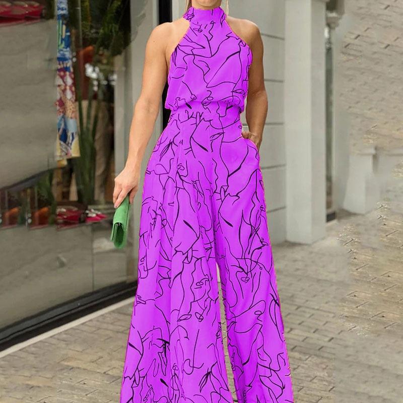 Tuta elegante allacciata alla caviglia Stampa casual Cravatta Vita senza maniche Tuta estiva con pantaloni lunghi a gamba larga Abbigliamento da donna