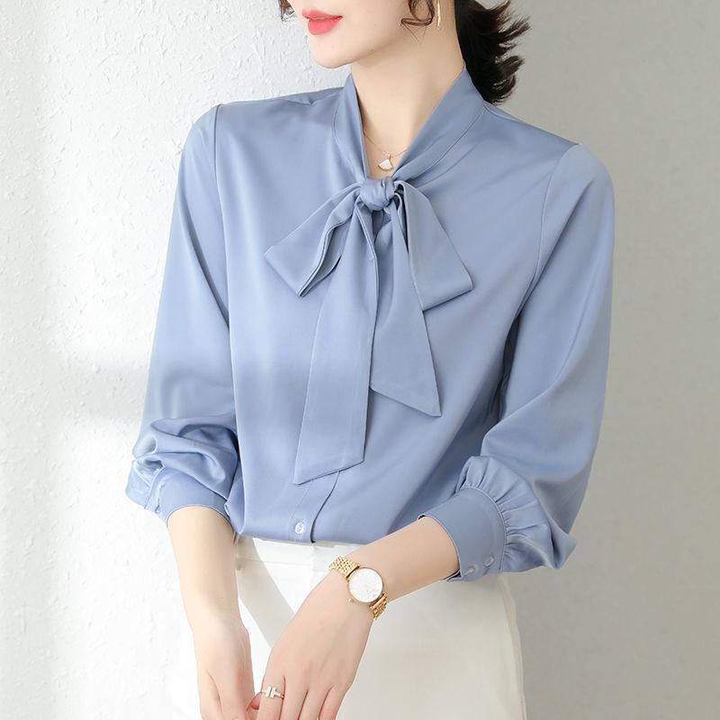 Acetate Satin French Court Shirt: 2025 Spring/Autumn Bow-Tie Blouse
