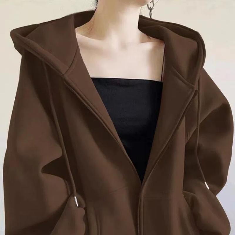 

Осень Зима Новая Мода Длинный Рукав Однотонные Толстовки Кардиган Женская Одежда Карманы на Молнии Кулиска Свободные Топы XXL коричневый