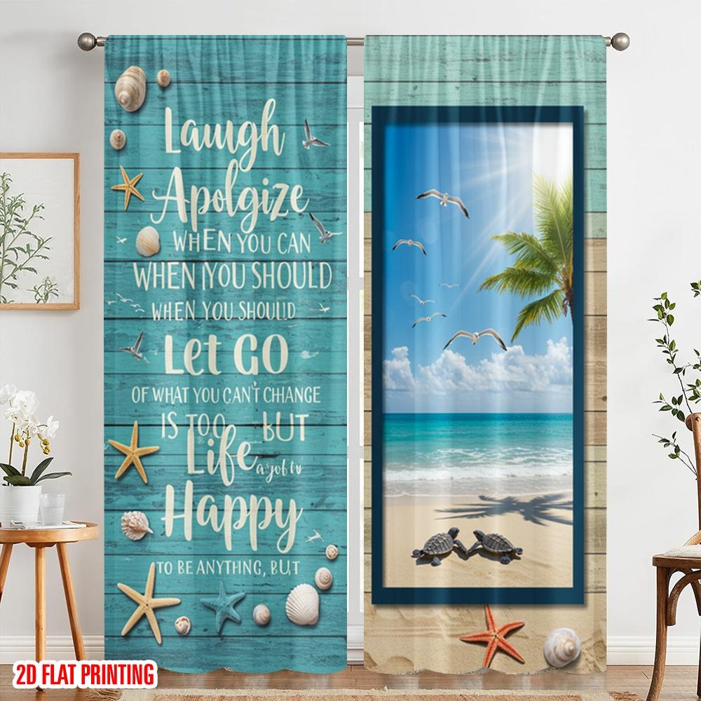 2pcs 2D flat printing Window Curtains Laugh Apologize Let Go Life Happy 100% Polyester Fabric Without Electricity Festive Wall