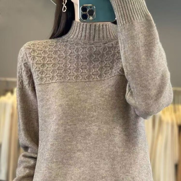 Women's Semi High Neck Sweater Loose Autumn and Winter Knitted Sweater Base Sweater