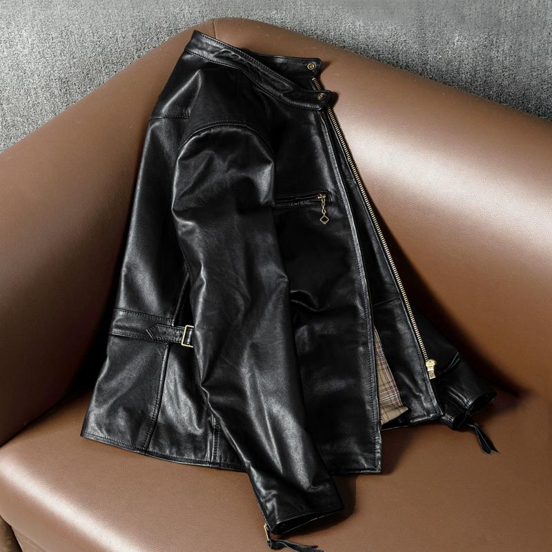 Mens Genuine Leather Jacket Slim Fit Stand Collar Biker Stylish Outerwear Coat