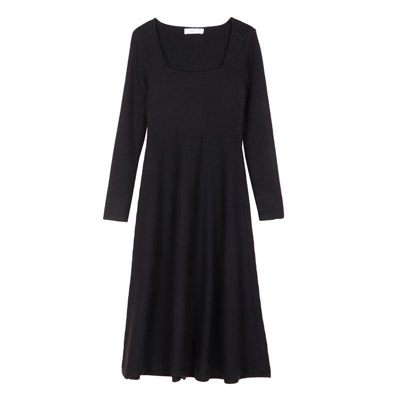Early Autumn New Women's Clothing Black Long-sleeved Knitted Dress Long Temperament with Small Black Dress Inside