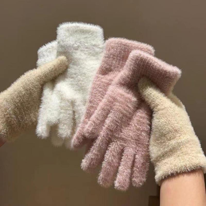 1Pairs Fashion Winter Mink Velvet Five Full Finger Gloves Plush Warm Cold-Proof Gloves Outdoors Cycling Solid Color Mittens
