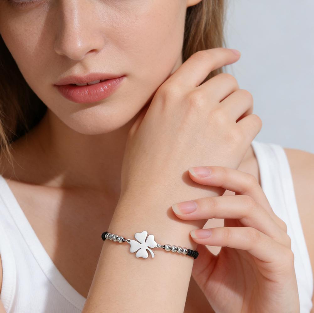 Cazador Stainless Steel Four-leaf Clover Charm Women's Hand Bracelets Red Black Color Wax Rope Bracelets Lucky Jewelry Gifts