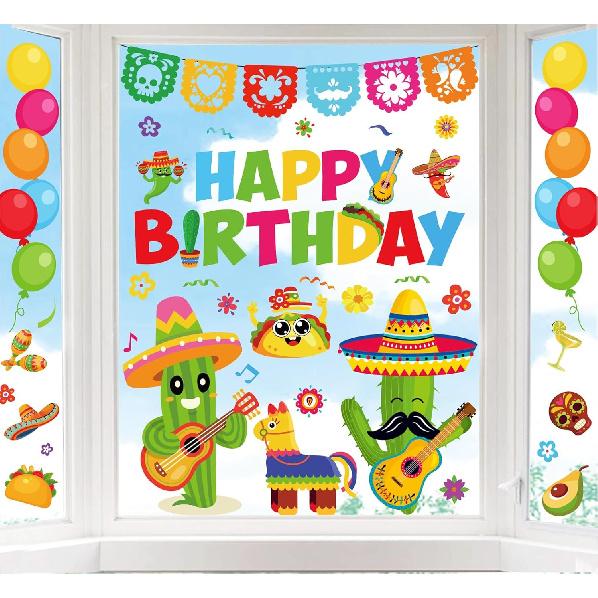 Whaline 6 Sheets Happy Birthday Window Clings Colorful Birthday Cake Balloon Banner Double-Sided Window Stickers for Boys Girls Anniversary Party