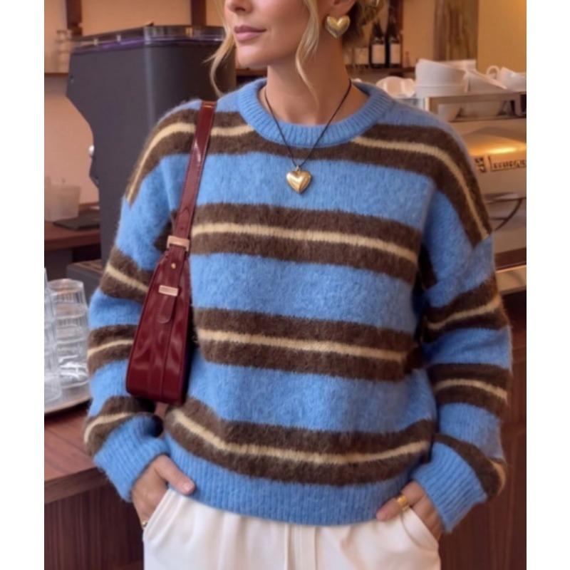 Damen S Locker Geschnitten Gestreift Rundhals Langarm Strickpullover Pullover