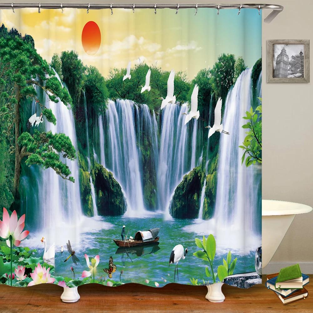 Chinese style Natural Waterfall landscape Shower Curtains Bathroom Curtain Waterproof Polyester Horse Bath Curtain with Hooks