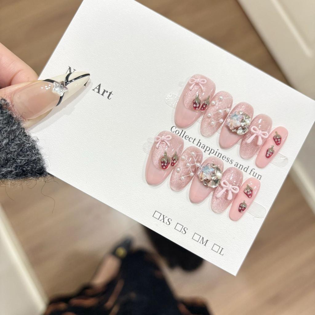 French Style Cute Wearable Handmade Press on Nails with Strawberry Pie Fresh Pink Nail Tips Cat Eye Design Finger Nail Stickers