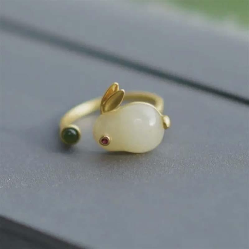 Chinese Mochizuki Jade Rabbit Ring Female Douyin High Sense Versatile Imitation Jade Open Index Finger Ring Girlfriend Gift