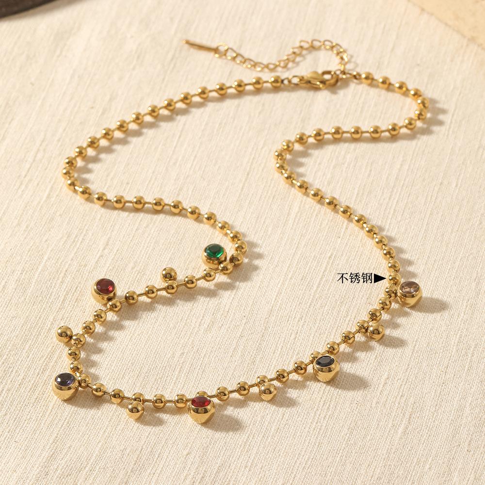 Vintage retro colored treasure small gold bead necklace French multi-color round zirconium round bead collarbone chain light luxury titanium steel