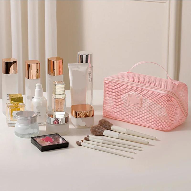 Large Capacity Mesh Handheld Makeup Bag Zipper Multi-layer Transparent Mesh Cosmetic Bag Organizer Case Square