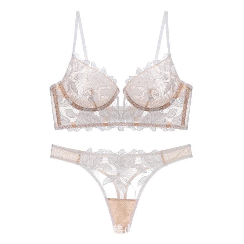 European & American Deep V Embroidered Lace Lingerie Set: Ultra-Thin Chest Minimizing Bra.