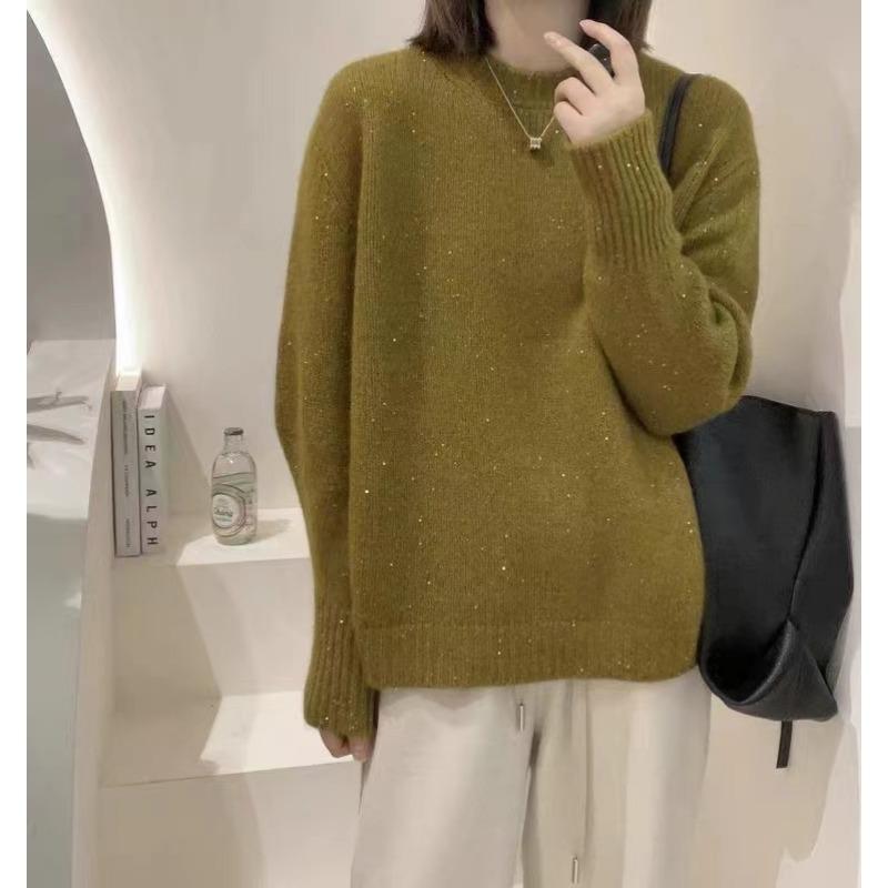 Autumn and winter high-end knitted pullover sweater women's thickened loose crew neck knitted sweater golden silk raccoon velvet