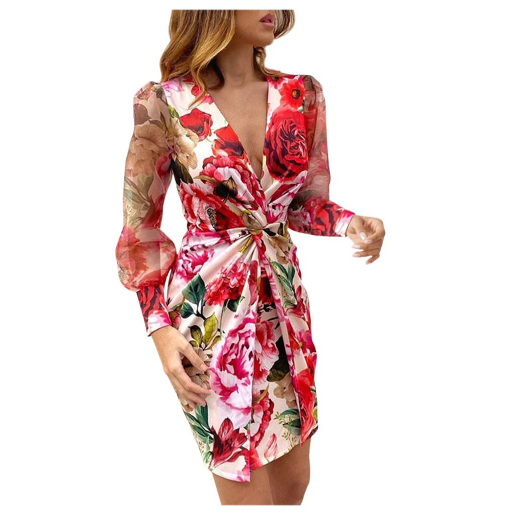 Women Long Sleeve V Neck Vestido Corto Estampado  Dress Holiday