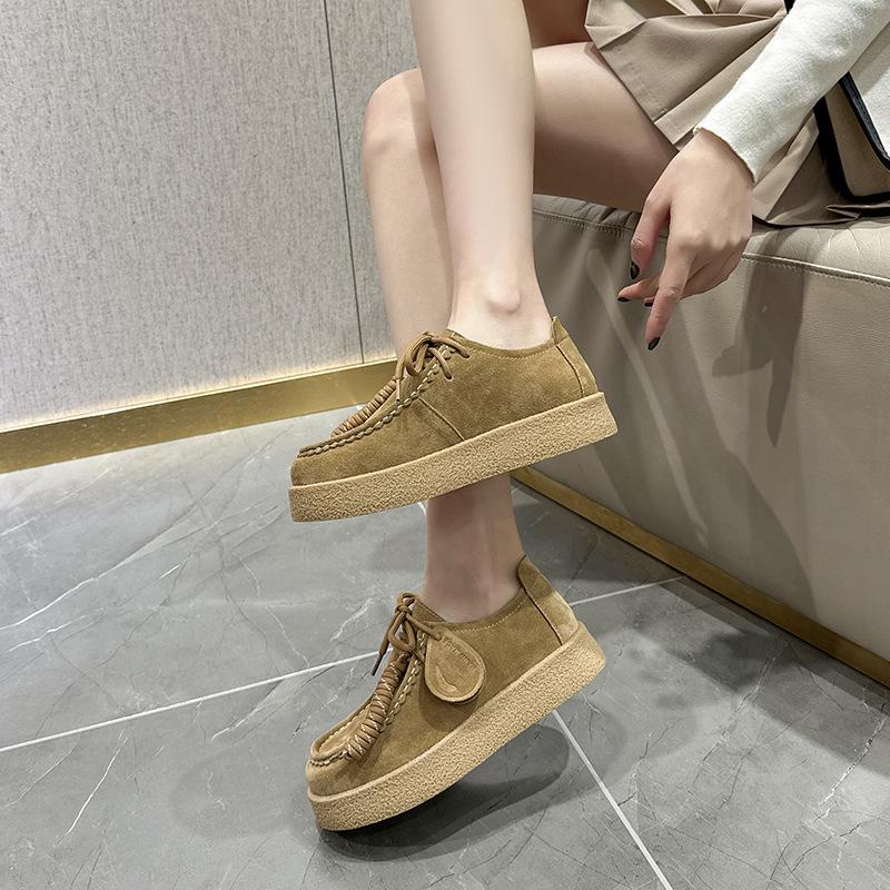High Quality Suede Leather Loafers Women Round Toe Lace Up Fringe Thick Sole Shoes Casual Comfort Outdoors Flat Walk Shoes Woman