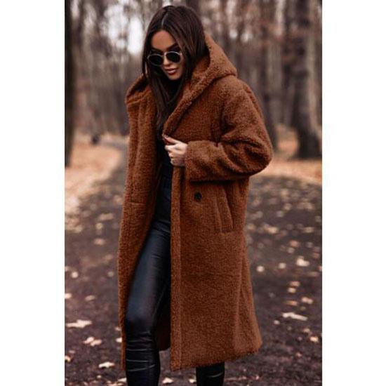Women's Autumn and Winter Fashion Woolen Coat Solid Color Loose Long-sleeved Casual Woolen Hooded Single-button Long Coat