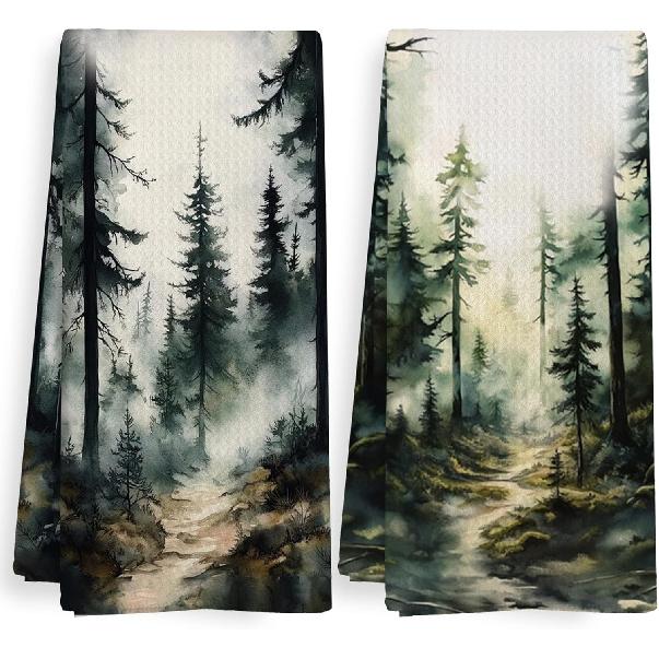 Dark Green Forest Camping Kitchen Towels and Dishcloths Sets of 2, Black Forest Mountain Bathroom Room Decor, Rustic Cabin Decor Dish Hand Tea Towels