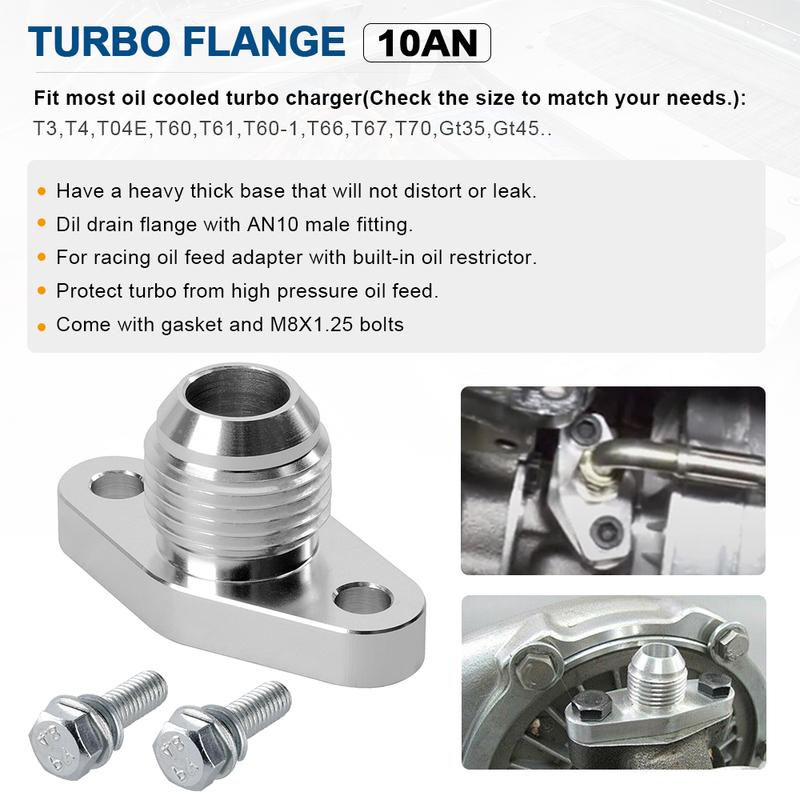 Kit Adaptateur de Bride de Vidange de Retour d'Huile Turbo AN10 Pour Turbos Mitsubishi Série TD04-TD06 / IHI RHF4 RHB4 RHB5 KKK K03 K04