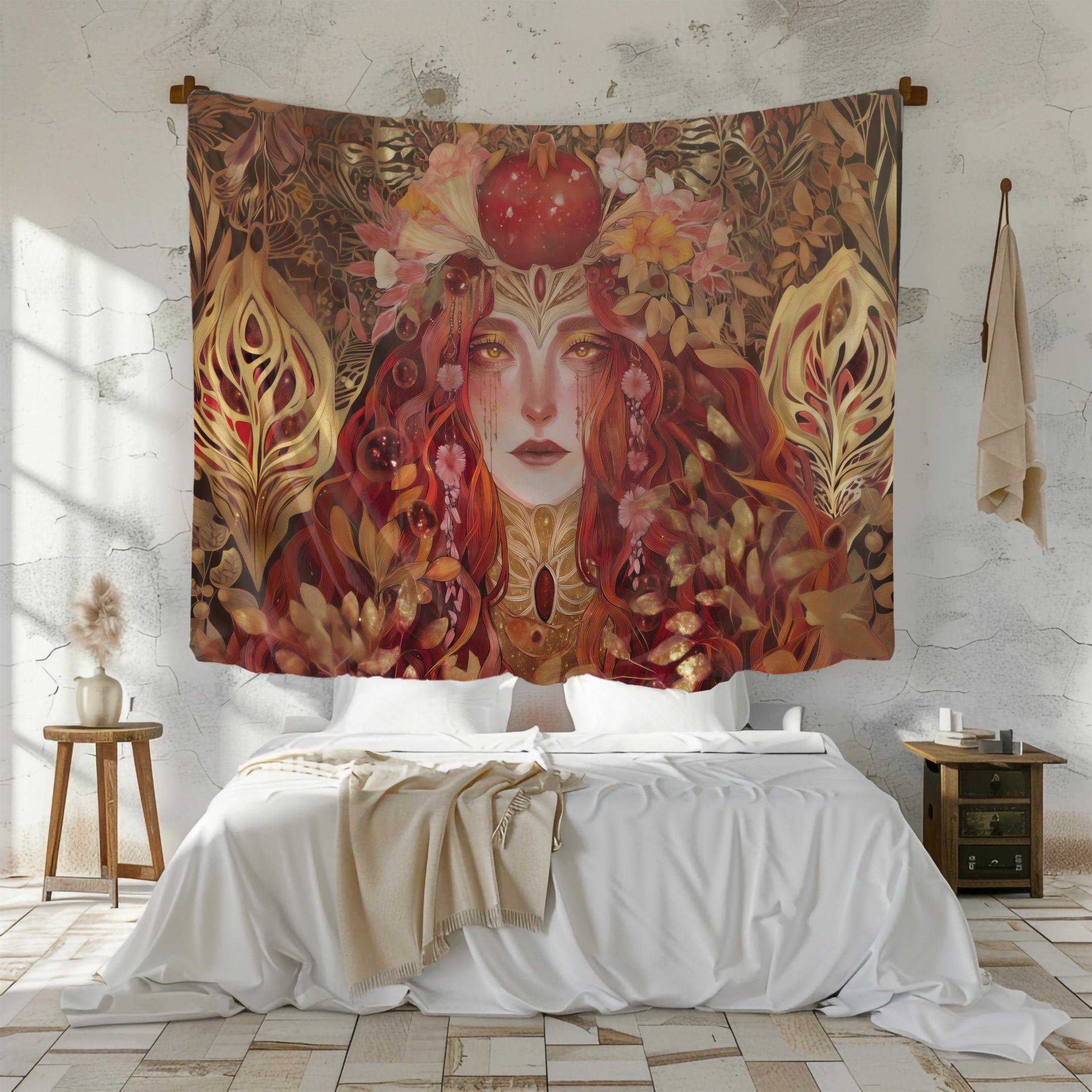 Harvest Goddess Pomegranate Crown Tapestry Vintage Background Cloth Meditation Room Bohemian Room Decoration 100X70CM