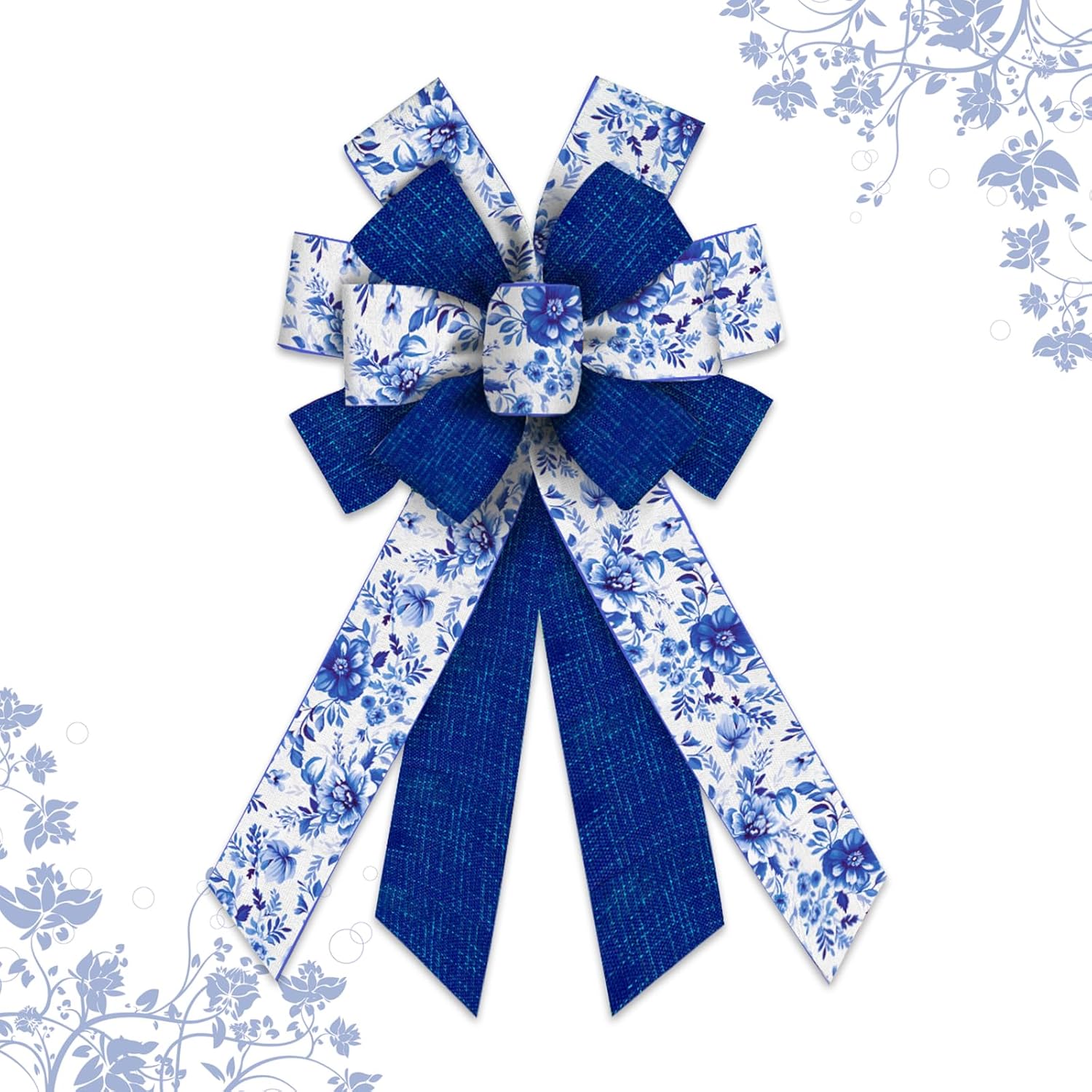 

Large Spring Chinoiserie Blue Bow for Wreath Spring Flowers & Tree Accents Blue Burlap Wired Bows for Indoor/Outdoor Decoration 20.87 x 11.42 in