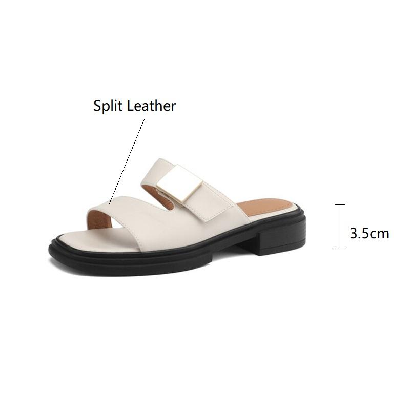 Fashion New Split Leather Summer Slippers Women 2024 Square Toe Chunky Heel Sandals Open Toe Shoes for Women Handmade Slippers Women