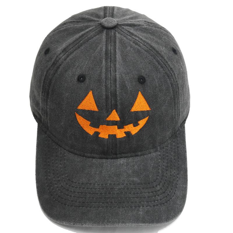 Cross-border Bestseller: Washed Soft-Top Casual Baseball Cap for Men and Women with Halloween Embroidered Pumpkin Smiley Face