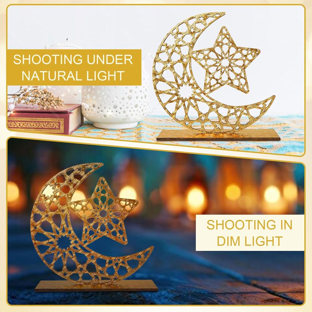 2 st Trä Ramadan Islamisk Eid Mubarak Kareem Bordskylt Måne Ihålig Stjärna Prydnad För Muslimsk Fest Dekorativa Bordsskivstillbehör