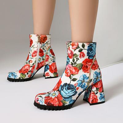 Plus Size Printed Short Boots With Thick Heels Side Zipper Breathable Stitching Sweet And Cute Women's Ankle Boots