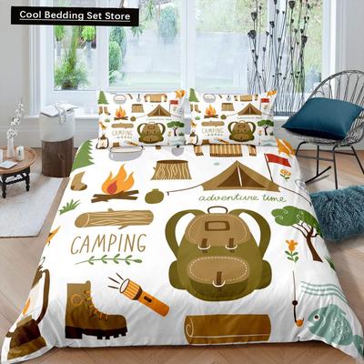 Camping Abenteuer Königin König Bettbezug Ausrüstung Beil Holz Bettwäsche Set Lagerfeuer Schaufel Bettdeckenbezug Polyester Bettdeckenbezug