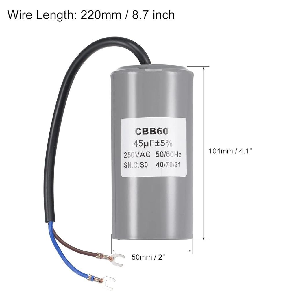 MECCANIXITY CBB60 Run Capacitor 45uF 250V AC 2 Wires 50/60Hz Cylinder Motor Running Capacitor 104x50mm with Terminal for Air Compressor Water Pump