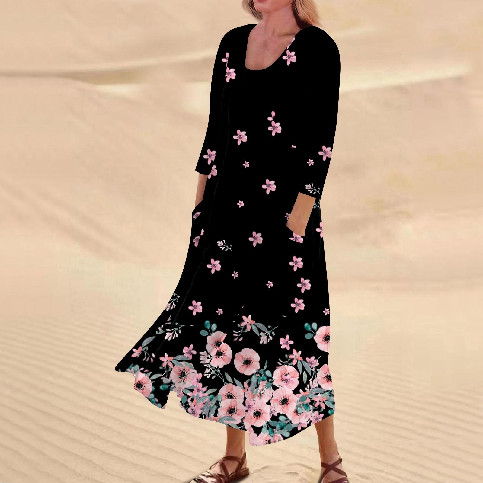 

Женское повседневное платье с карманом и рукавами три четверти с цветочным принтом L чёрный