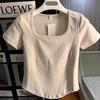 2026 Women's Summer Solid Color Patchwork Square Neck Slimming Short Sleeve T-shirt Dress