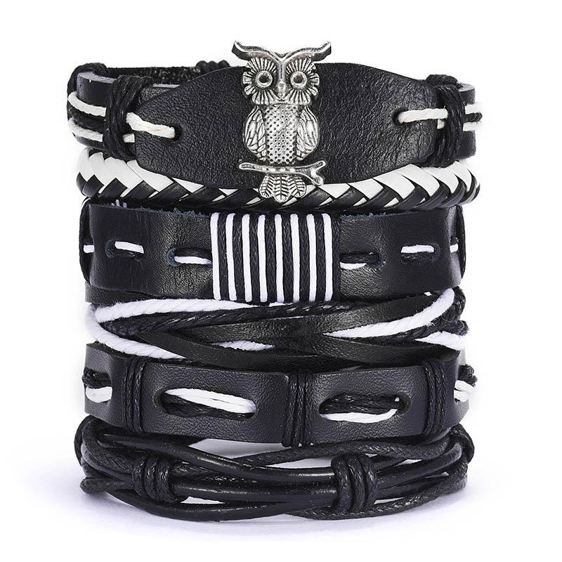 Vintage Multilayer Braided Leather Bracelet For Men Star Leaf Owl Handmade Rope Wrap Bangle Male Gift Jewelry