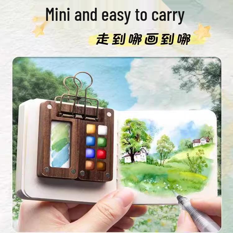 Portable Mini Watercolor Paint Box with Wooden Palette - Travel Sketchbook & Painting Toy