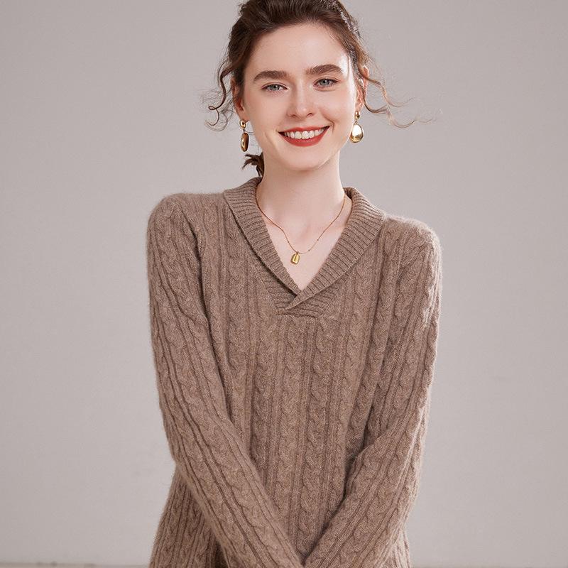 European Women's V-Neck Cashmere Knit Sweater - Thick, Versatile, Short Base Layer